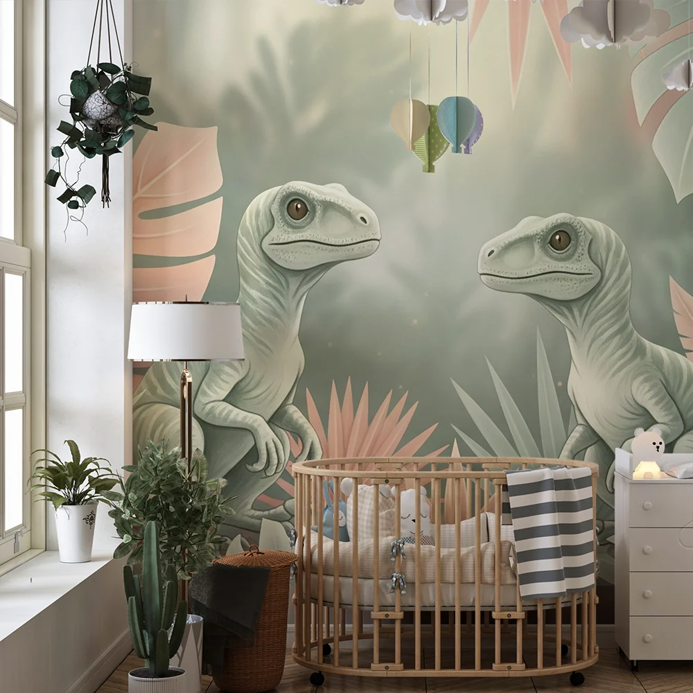 Gyermekszoba tapéta | Két kis dinoszaurusz egy színes dzsungelben