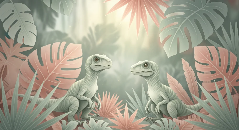 Gyermekszoba tapéta | Két kis dinoszaurusz egy színes dzsungelben