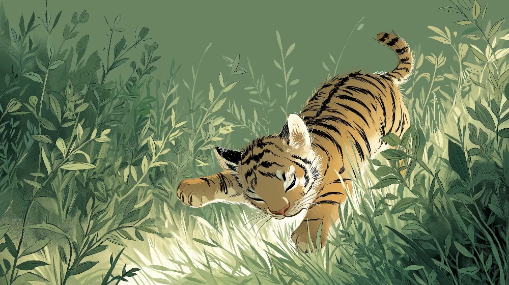 Gyermekszoba tapéta | Kis tigris játszik zöld dzsungelben
