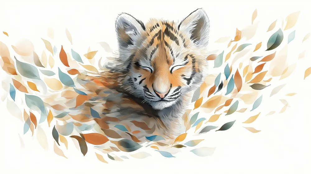 Gyermekszoba tapéta | Kis tigris levelek között