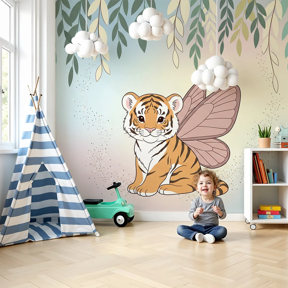 Gyermekszoba tapéta | Kis tigris pillangószárnyakkal varázslatos díszletben