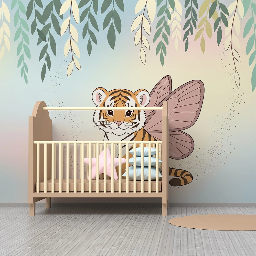 Gyermekszoba tapéta | Kis tigris pillangószárnyakkal varázslatos díszletben