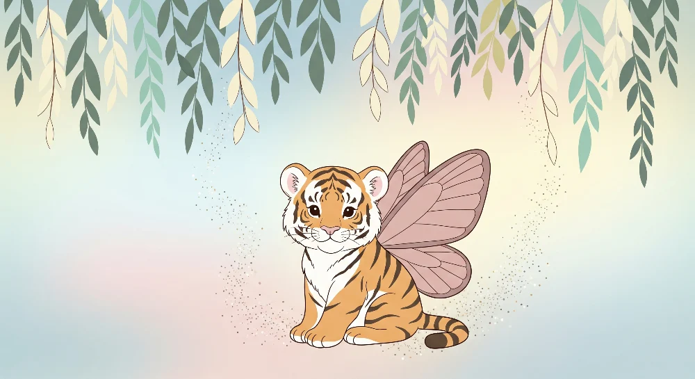 Gyermekszoba tapéta | Kis tigris pillangószárnyakkal varázslatos díszletben