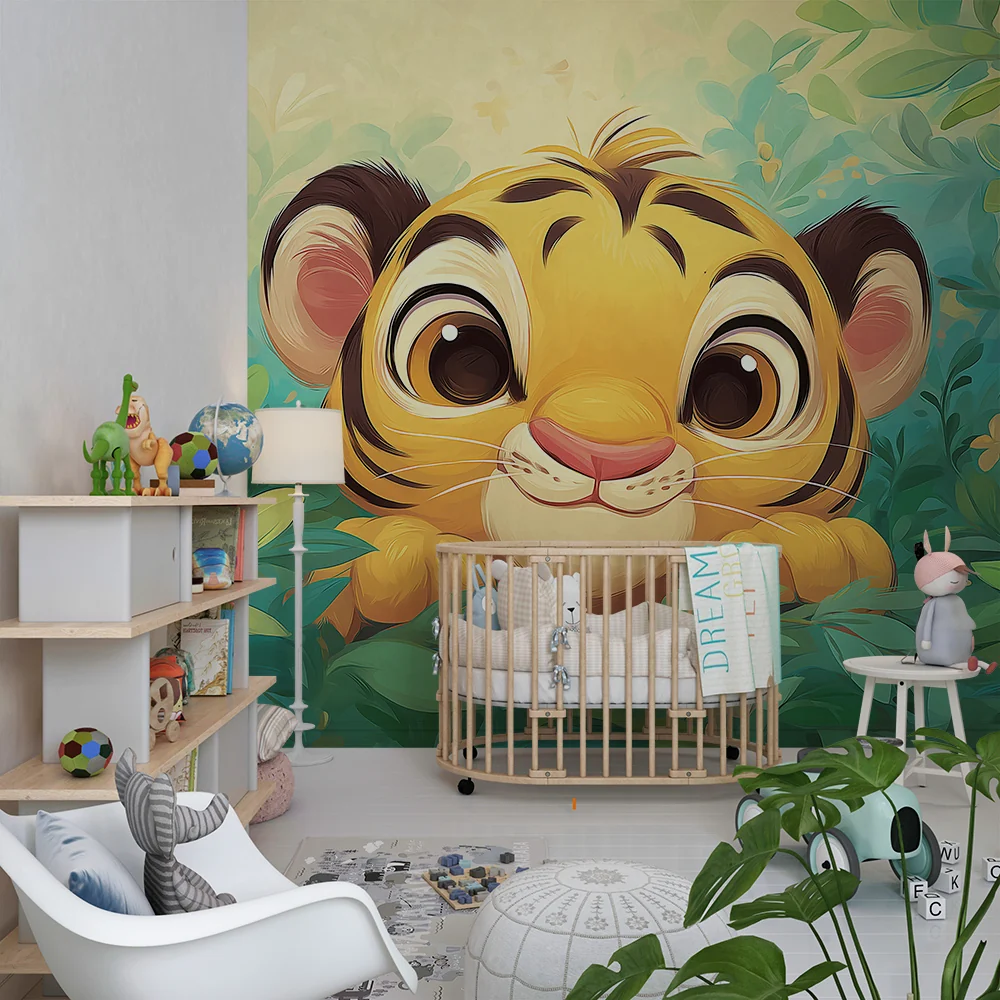 Gyermekszoba tapéta | Kíváncsi kis tigris levelek között