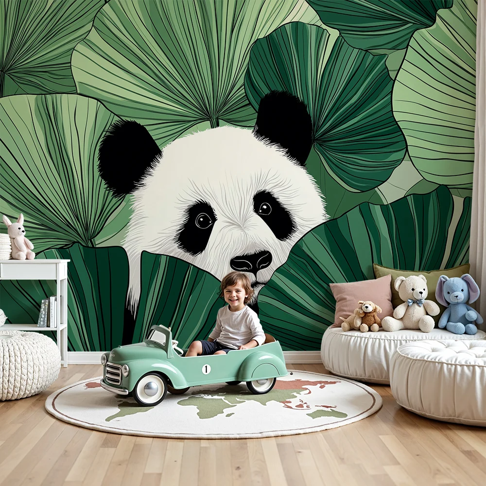 Gyermekszoba tapéta | Kíváncsi panda rejtőzik dús levelek mögött