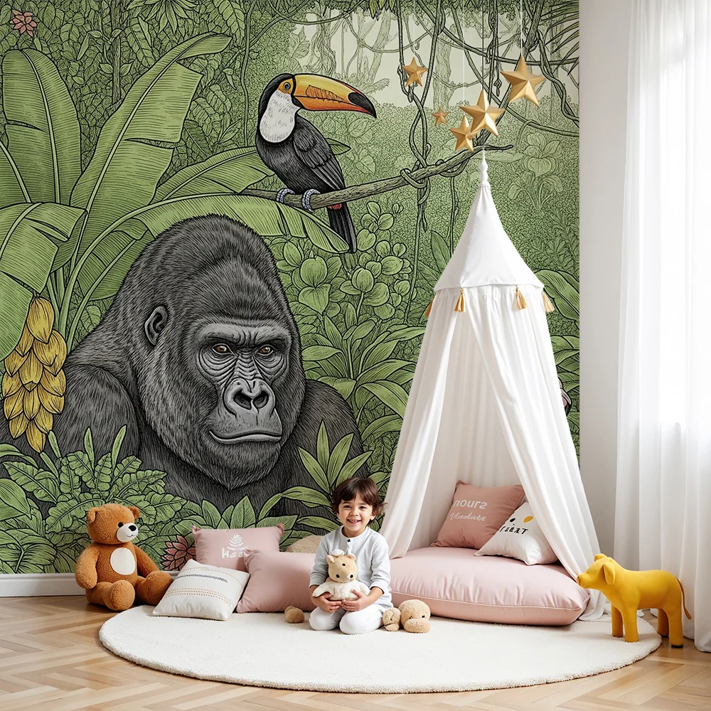 Gyermekszoba tapéta | Majestikus gorillák és rózsaszín flamingók egy buja dzsungelben
