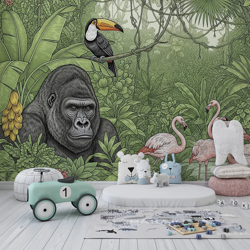 Gyermekszoba tapéta | Majestikus gorillák és rózsaszín flamingók egy buja dzsungelben
