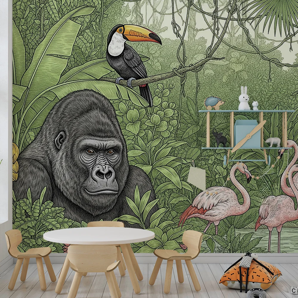 Gyermekszoba tapéta | Majestikus gorillák és rózsaszín flamingók egy buja dzsungelben