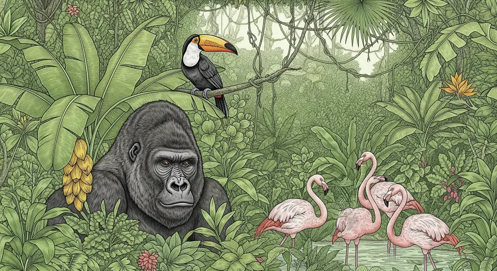 Gyermekszoba tapéta | Majestikus gorillák és rózsaszín flamingók egy buja dzsungelben