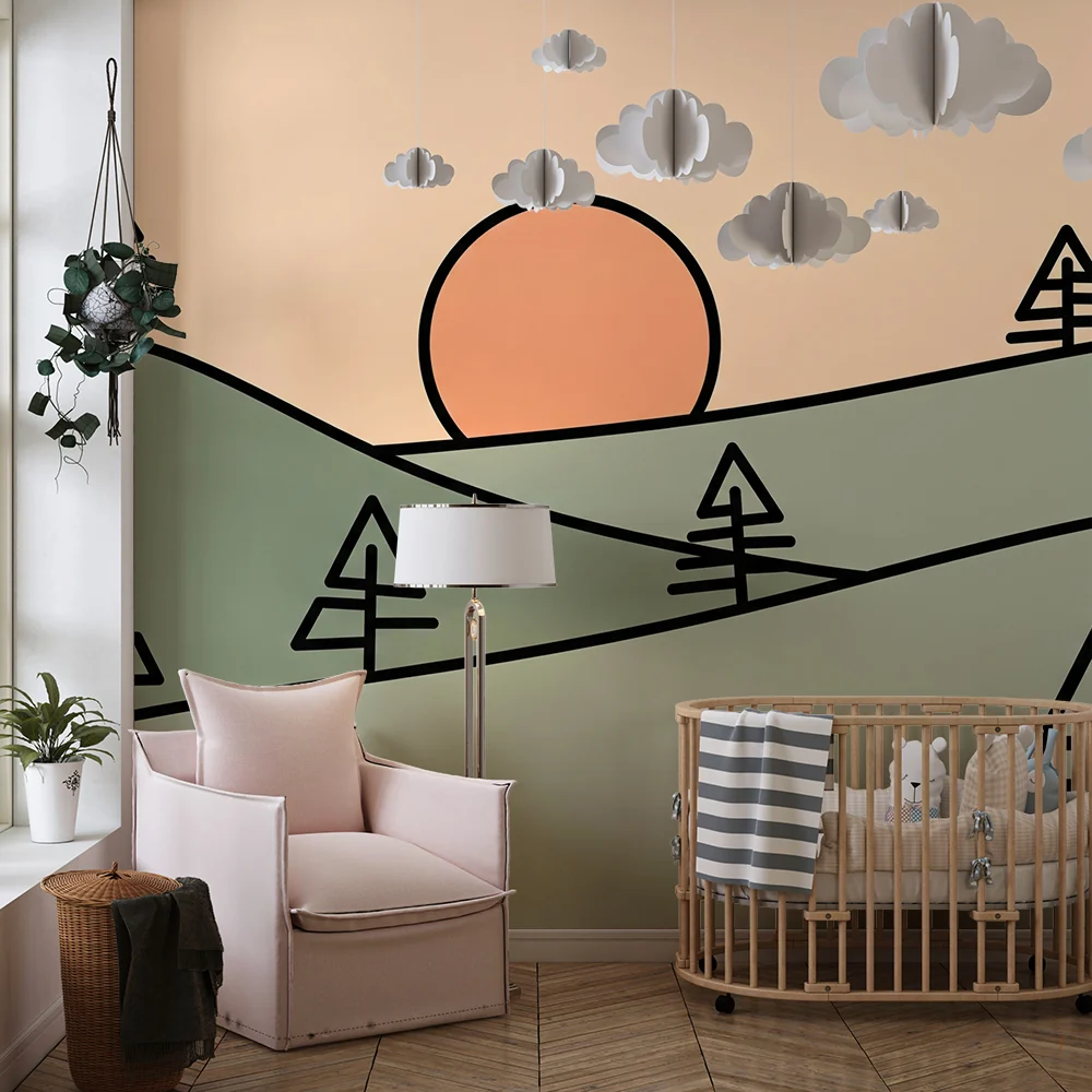 Gyermekszoba tapéta | Minimalista táj dombokkal és lemenő nappalival