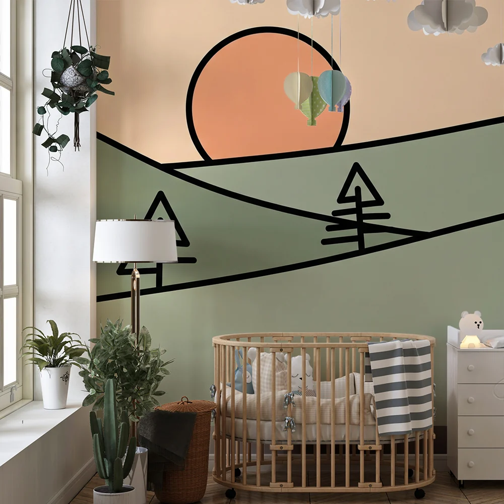 Gyermekszoba tapéta | Minimalista táj dombokkal és lemenő nappalival