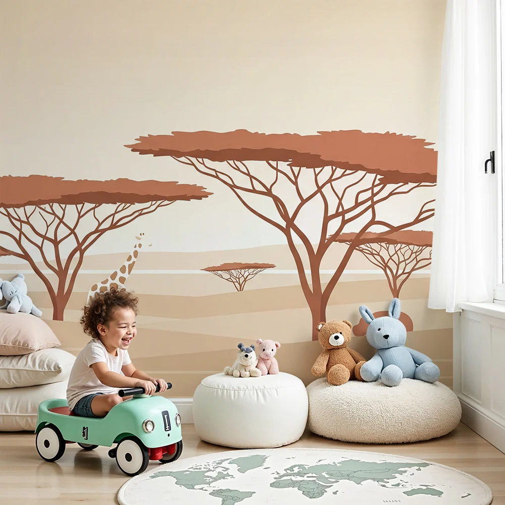 Gyermekszoba tapéta | Minimalista szafari giraffal, elefánttal és vízilovakkal