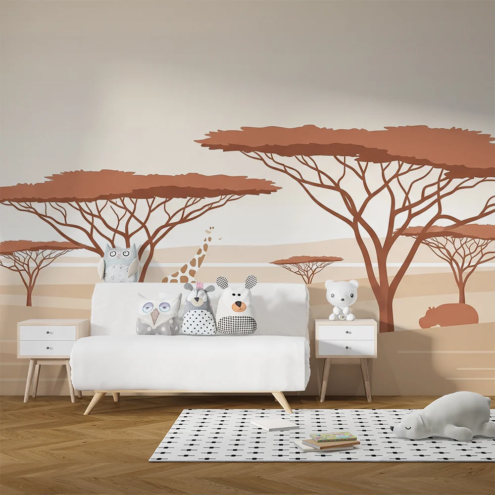 Gyermekszoba tapéta | Minimalista szafari giraffal, elefánttal és vízilovakkal