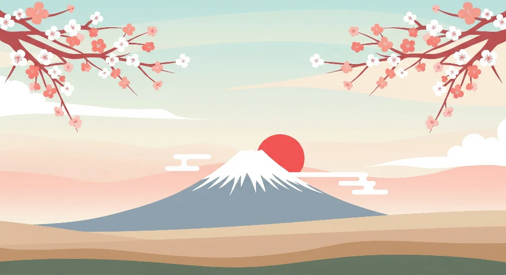 Gyermekszoba tapéta | Mont Fuji és virágzó cseresznyefák pasztell tájban