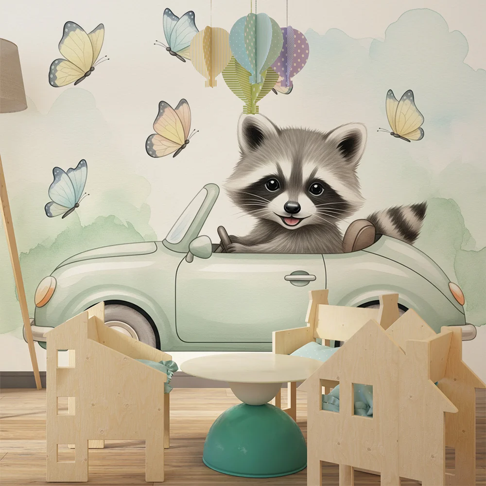 Gyermekszoba tapéta | Mosómedve autóban pillangókkal