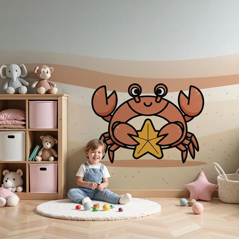 Gyermekszoba tapéta | Mosolygó rák csillaghal és homokban