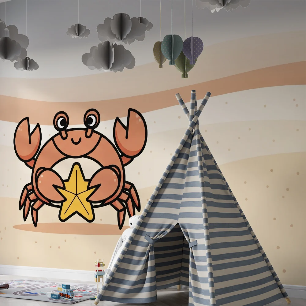 Gyermekszoba tapéta | Mosolygó rák csillaghal és homokban