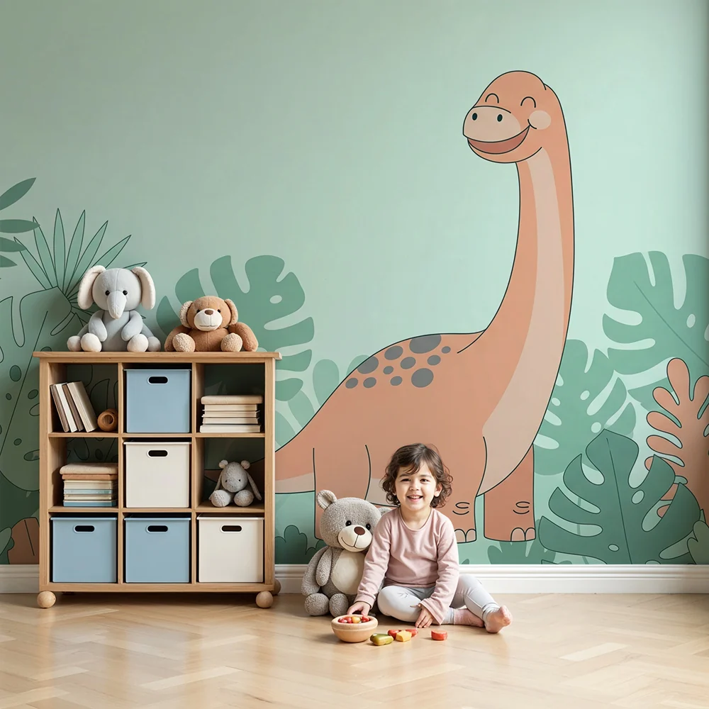 Gyermekszoba tapéta | Mosolygó dinoszaurusz trópusi levelek között