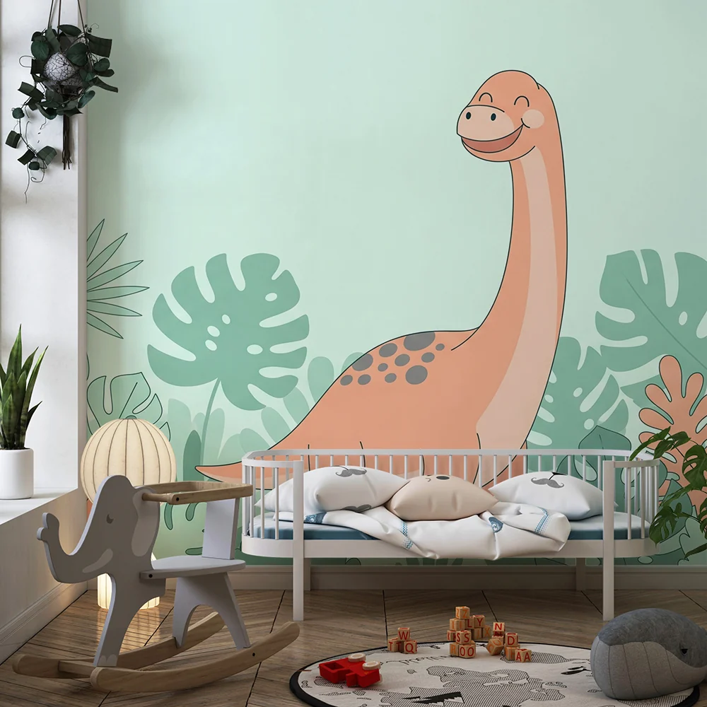Gyermekszoba tapéta | Mosolygó dinoszaurusz trópusi levelek között