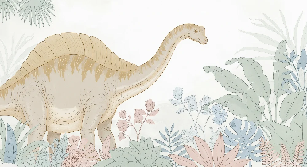 Gyermekszoba tapéta | Nagyra nőtt dinoszaurusz egy színes dzsungel közepén