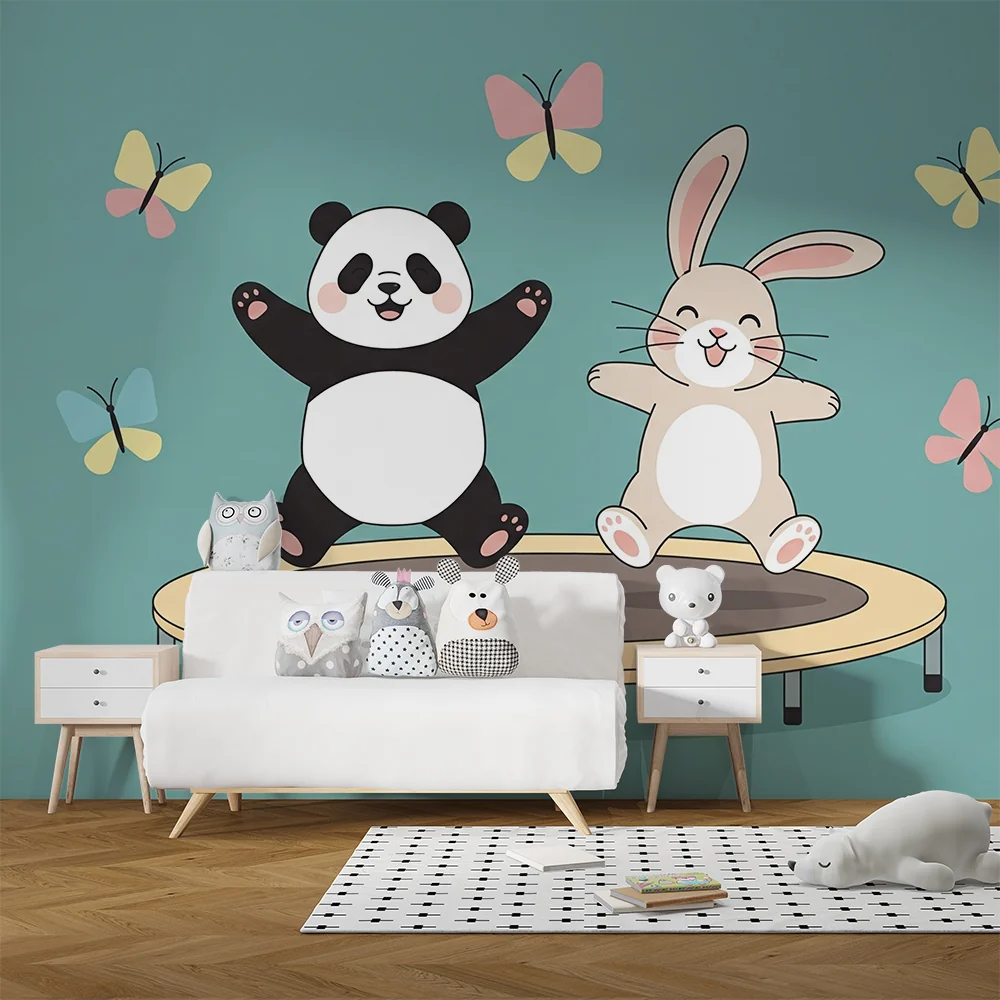 Gyermekszoba tapéta | Panda és nyuszi trambulinon