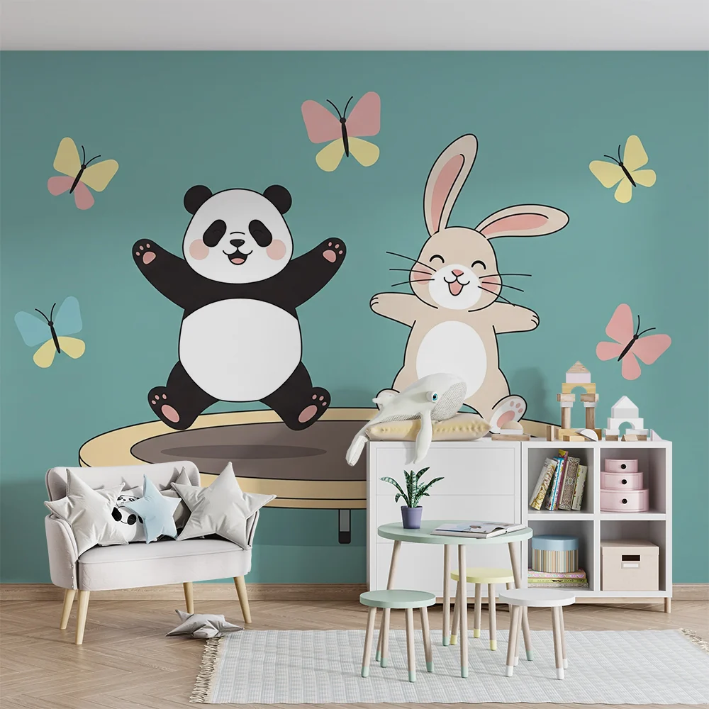 Gyermekszoba tapéta | Panda és nyuszi trambulinon