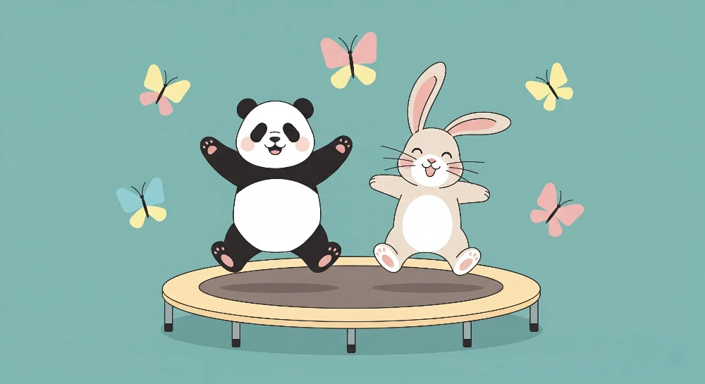 Gyermekszoba tapéta | Panda és nyuszi trambulinon