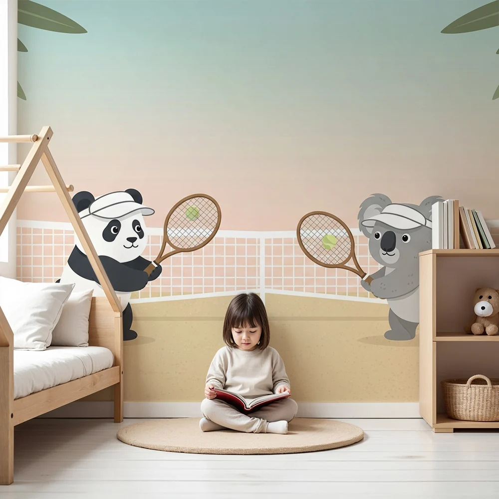 Gyermekszoba tapéta | Pandák és koalák teniszeznek