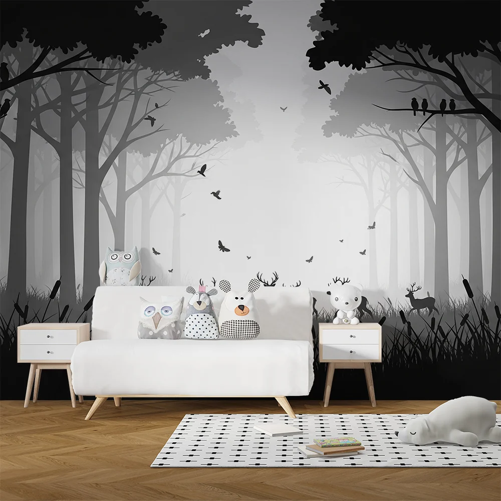 Gyermekszoba tapéta | Rejtélyes erdő szarvasokkal és madarakkal árnyékban