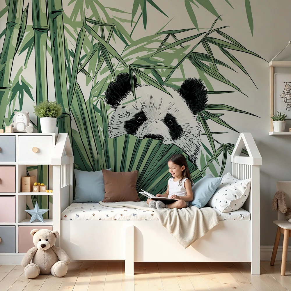 Gyermekszoba tapéta | Rágcsáló panda rejtőzik bambuszok mögött