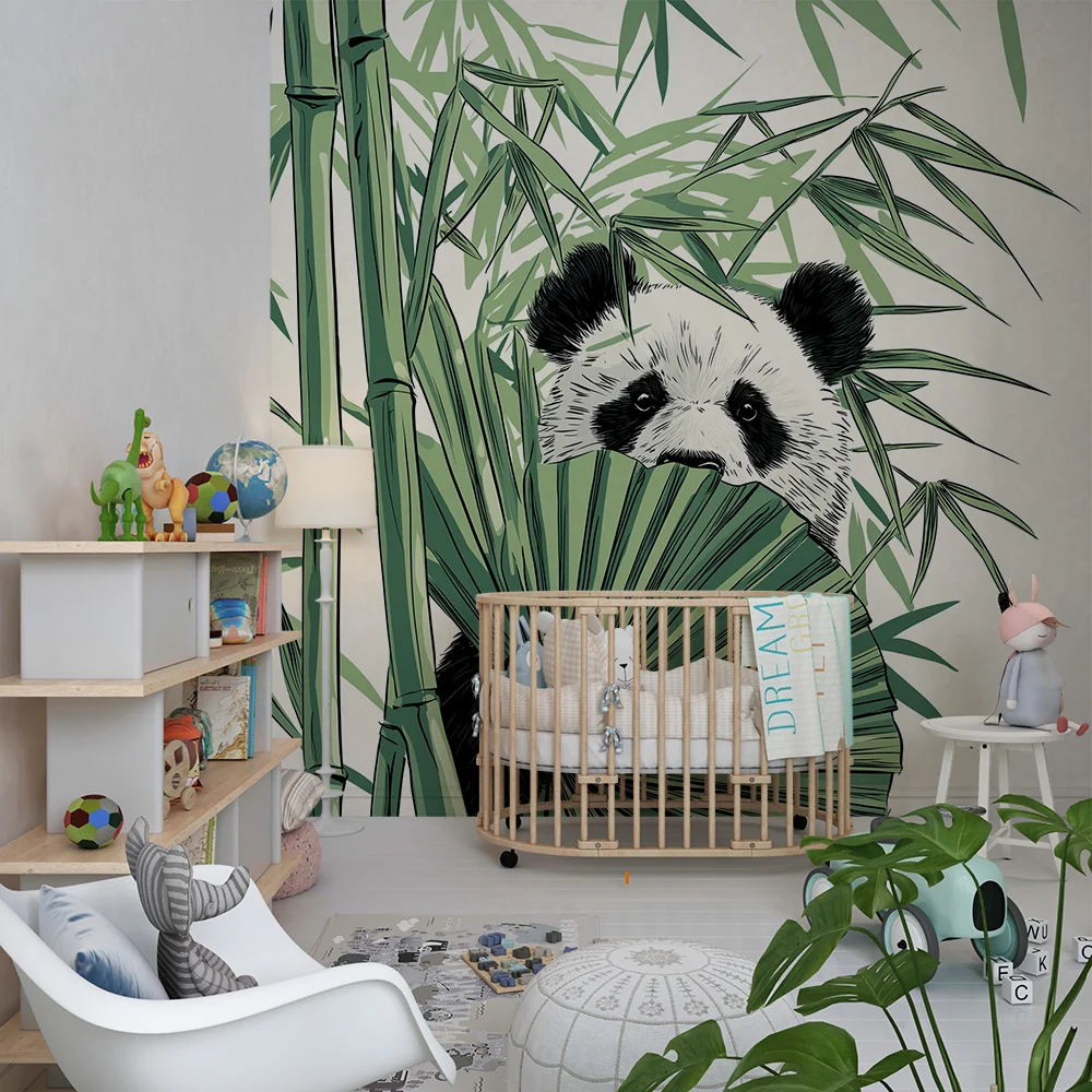 Gyermekszoba tapéta | Rágcsáló panda rejtőzik bambuszok mögött