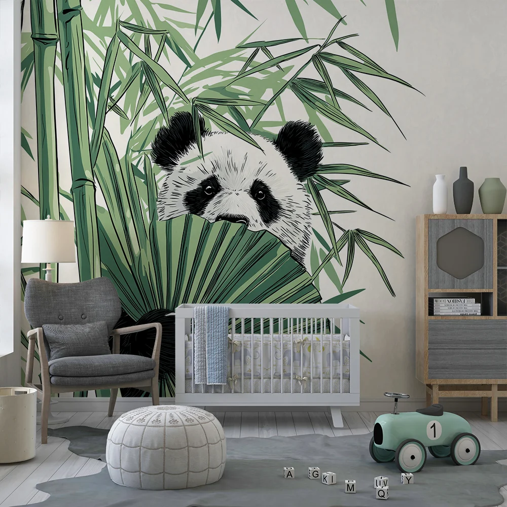 Gyermekszoba tapéta | Rágcsáló panda rejtőzik bambuszok mögött