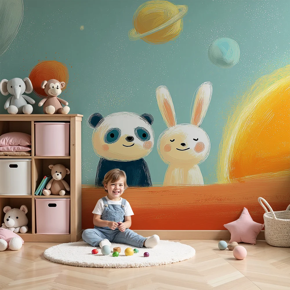 Gyermekszoba tapéta | Űrkutató panda és nyuszi