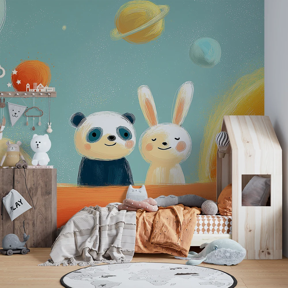 Gyermekszoba tapéta | Űrkutató panda és nyuszi