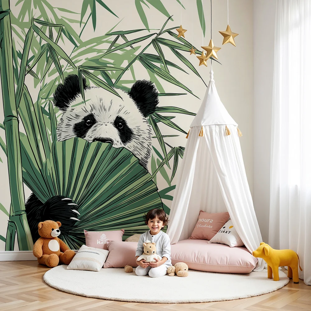 Gyermekszoba tapéta | Részeg panda rejtőzik bambuszok között