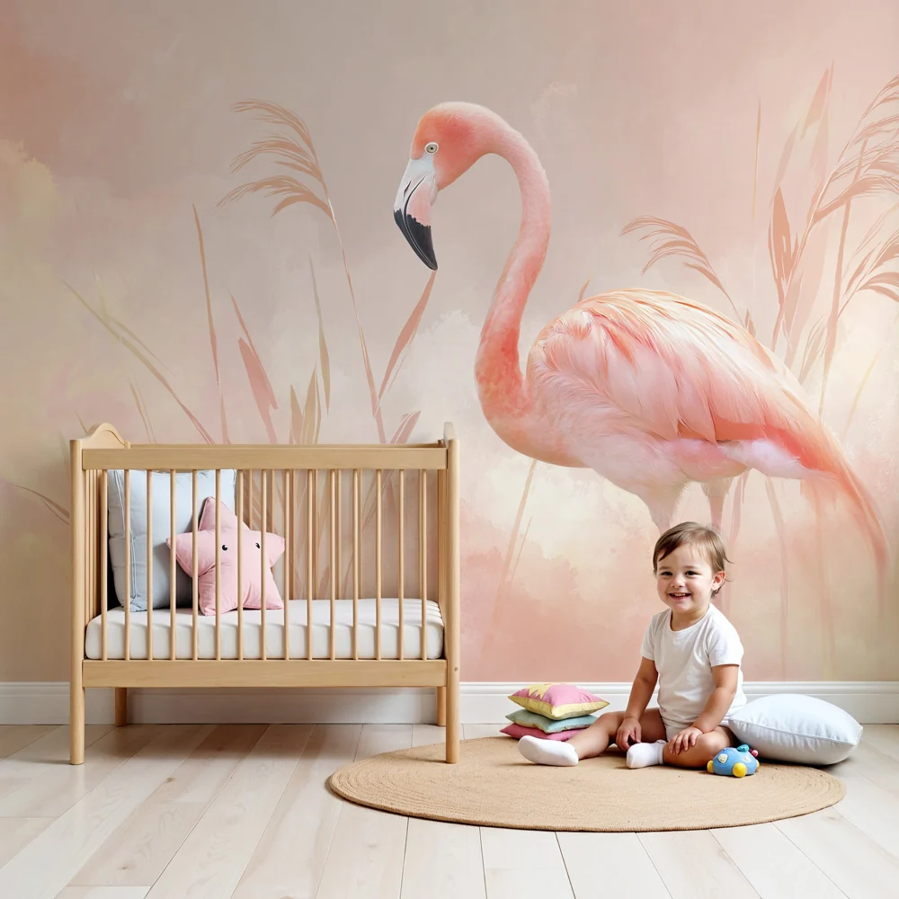 Gyermekszoba tapéta | Rózsaszín flamingó és édes tájképek
