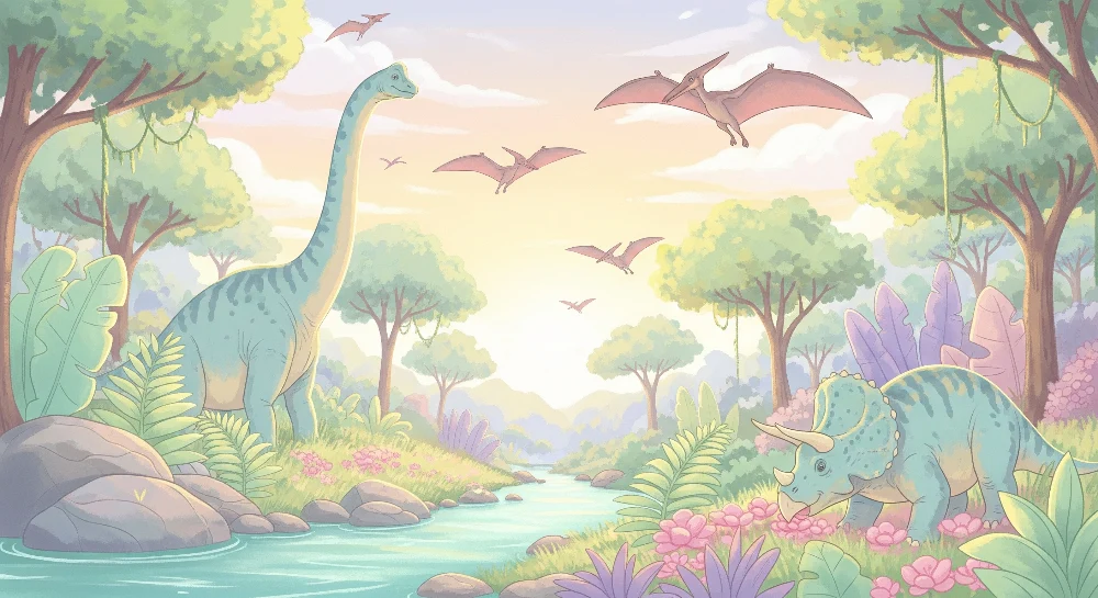 Gyermekszoba tapéta | Őskori kaland dinoszauruszokkal és buja tájképekkel