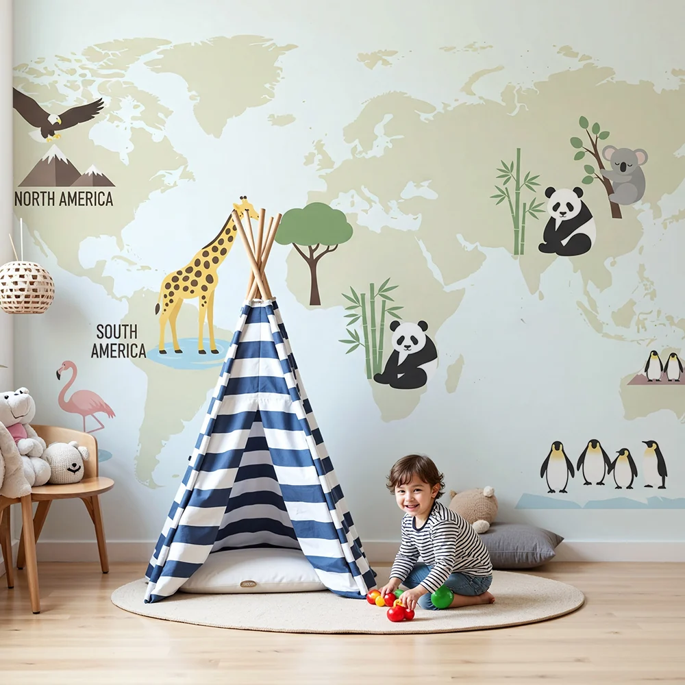 Gyermekszoba tapéta | Sárga világtérkép aranyos állatokkal