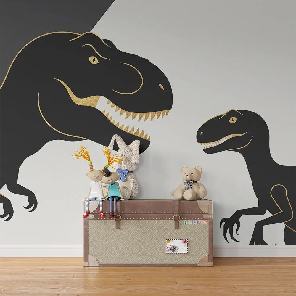 Gyermekszoba tapéta | Stílusos fekete és arany dinoszauruszok minimál hátteren