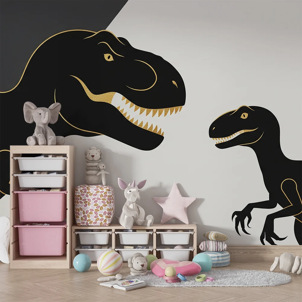 Gyermekszoba tapéta | Stílusos fekete és arany dinoszauruszok minimál hátteren