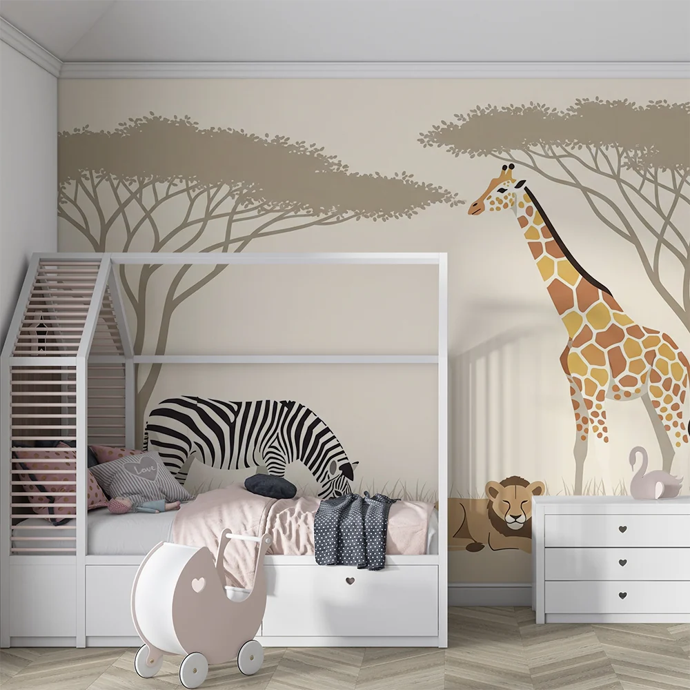 Gyermekszoba tapéta | Szavannai állatok zsiráf, zebra és oroszlánral