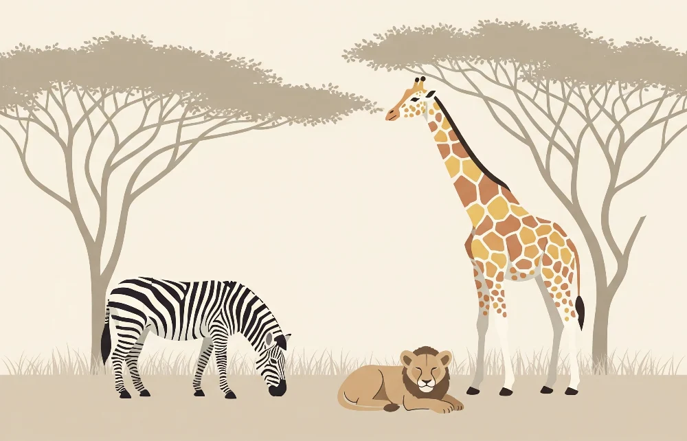 Gyermekszoba tapéta | Szavannai állatok zsiráf, zebra és oroszlánral