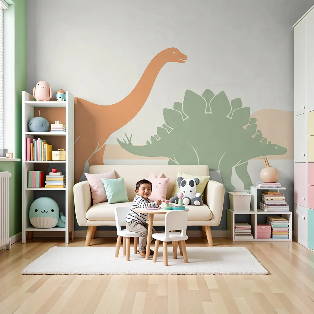 Gyermekszoba tapéta | Színes dinoszaurusz és lágy táj