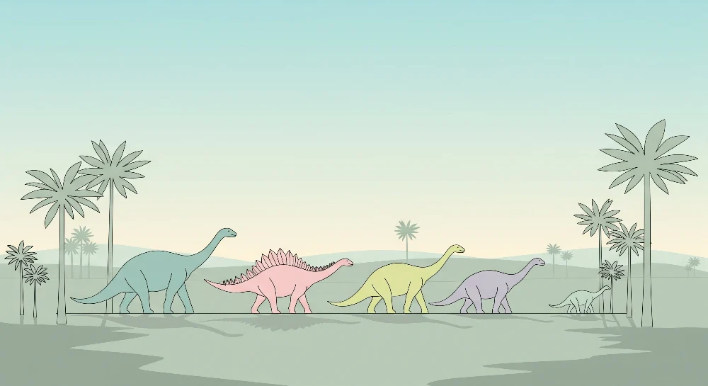 Gyermekszoba tapéta | Színes dinoszaurusz és nyugtató őskori táj