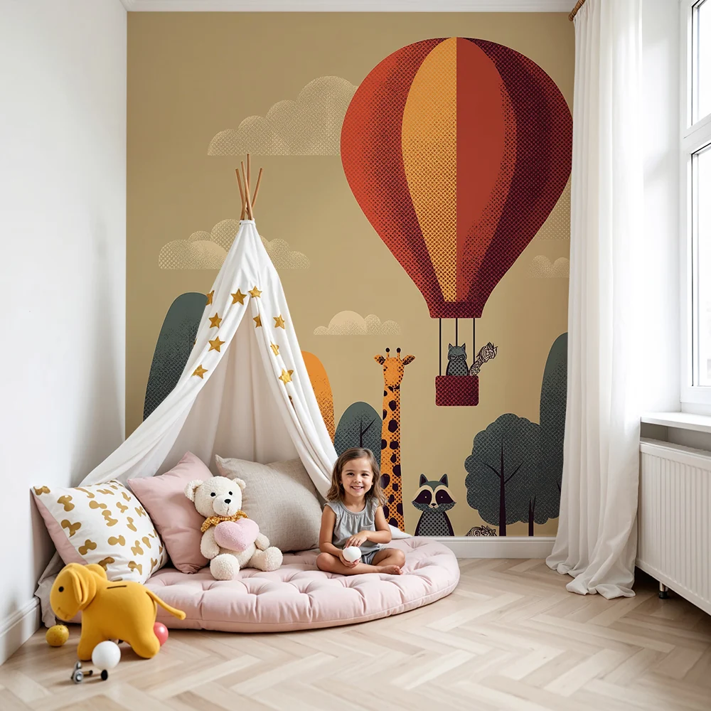 Gyermekszoba tapéta | Színes hőlégballon állatokkal őszi tájképben