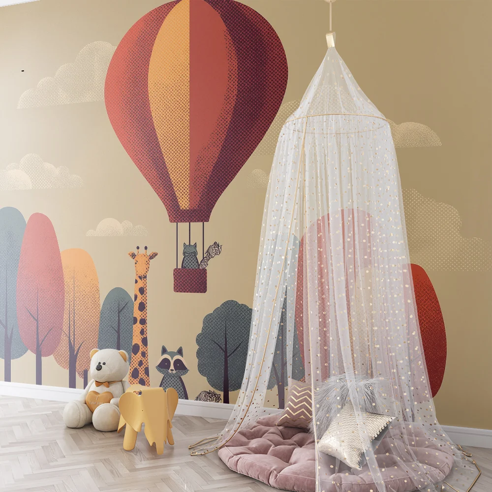 Gyermekszoba tapéta | Színes hőlégballon állatokkal őszi tájképben