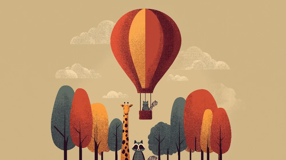 Gyermekszoba tapéta | Színes hőlégballon állatokkal őszi tájképben