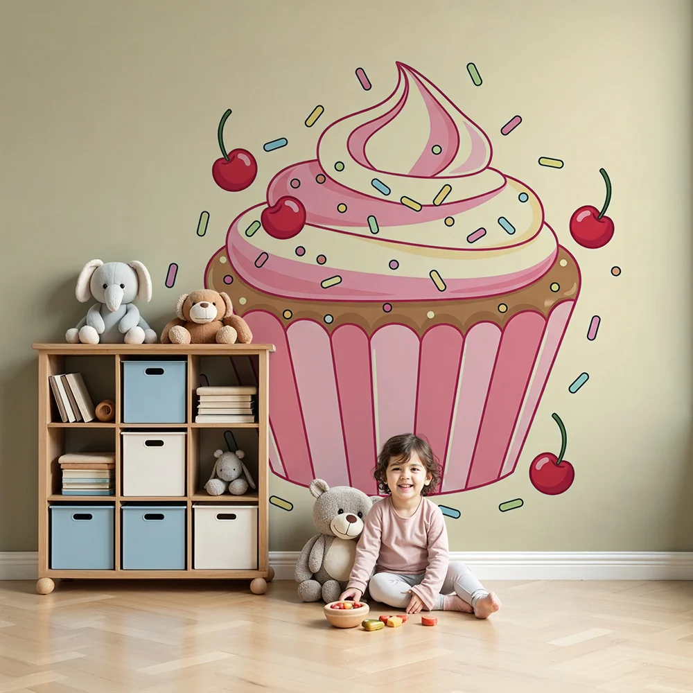 Gyermekszoba tapéta | Színes muffin cseresznyével és csillámokkal