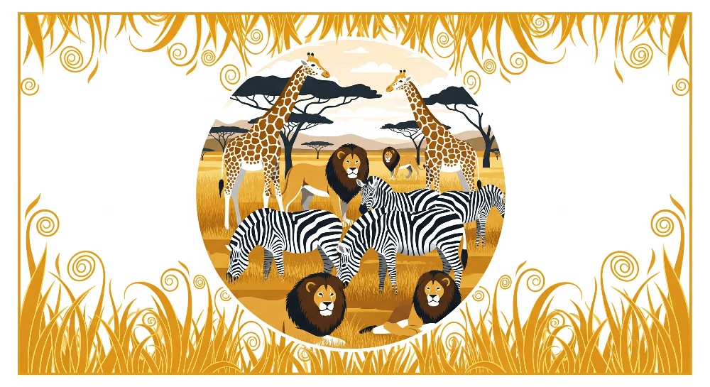 Gyermekszoba tapéta | Színes szafari giraffal, oroszlánokkal és zebrákkal