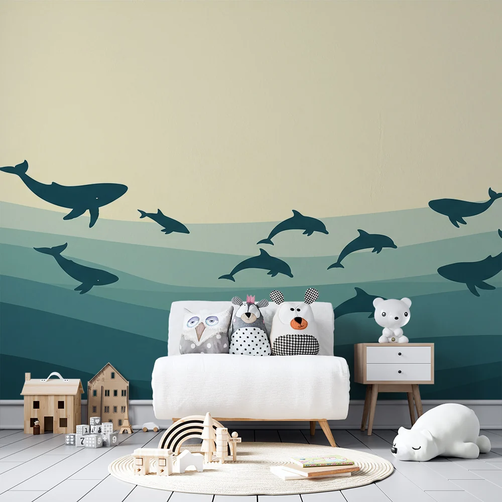 Gyermekszoba tapéta | Tengeri elemek bálnákkal és delfinekkel nyugtató hullámokban